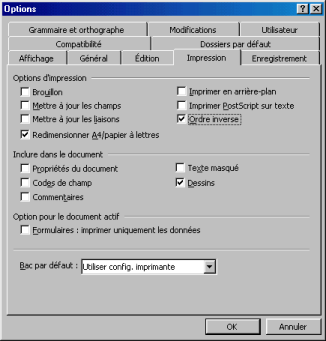 French Word printing options dialog box