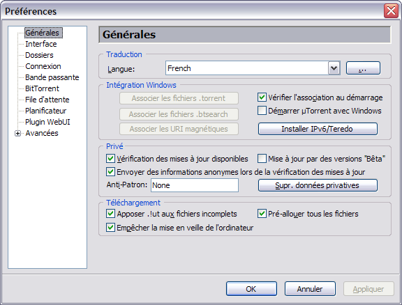 uTorrent, configuration optimale