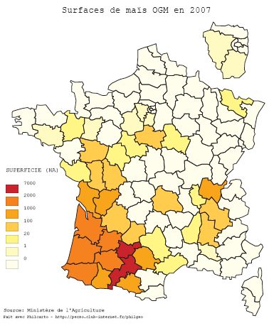 Carte du maïs OGM en France